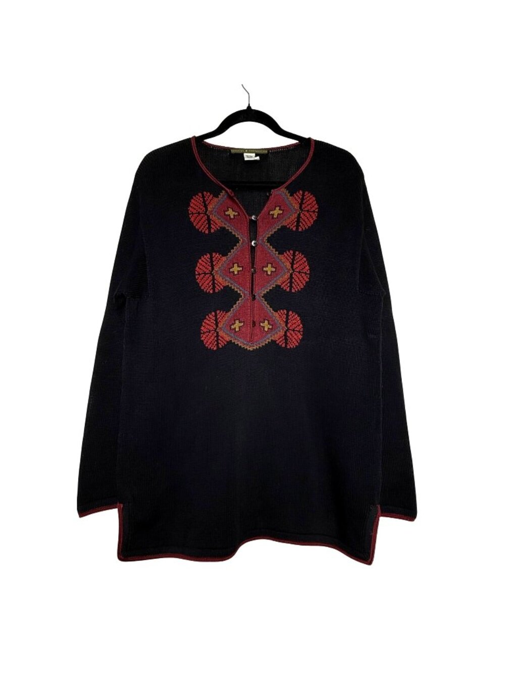 Peruvian Connection 100% Pima Cotton Black Knit Tunic Sweater Red Detail Sz S